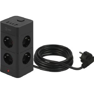 Фильтр сетевой ЭРА TWR-8es-1,5m-4USB-B башня с зазем. с вык 8 розеток+4xUSBA+C 1,5м 16А черный