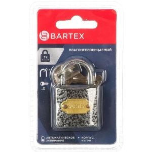 Замок навесной Bartex, блистер, цилиндровый, влагонепроницаемый, 32 мм, чугунный, 3 ключа