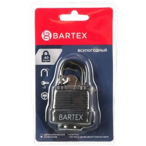Замок навесной Bartex, блистер, цилиндровый, 40 мм, стальной, оцинкованный, прорезиненный, 3 ключа