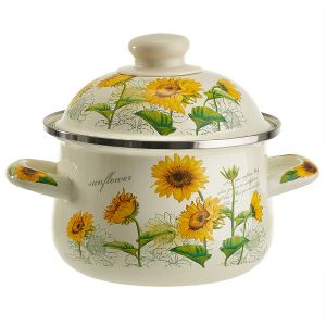 [ЕМ-1509] Кастрюля MetaLLoni эмалированная с эмалированной крышкой 2,0 л, d=18см, «Подсолнухи»
