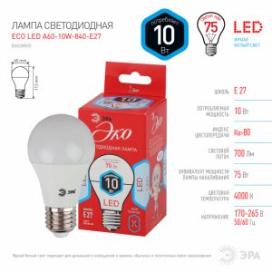 Лампа светодиодная Эра Эко Е27 10 Вт A60 Груша 4000К