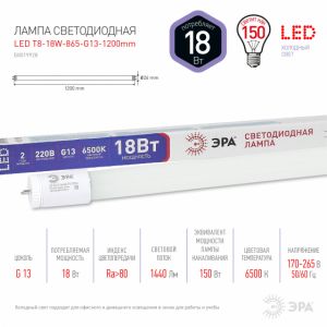 Лампа светодиодная Эра Стандарт G13 20 Вт 4000К 1200 мм T8