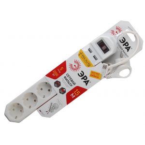 Фильтр сетевой 5 гн. 1,5м, белый ЭРА + USB