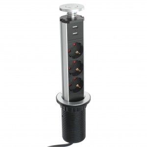 Розетка мебельная Luazon Lighting СУ 16А 3 роз.+2USB выдвиж., врезная в стол, провод 1.8 м серебро