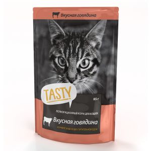 Влажный корм Tasty для кошек,говядина в желе, пауч, 85 г