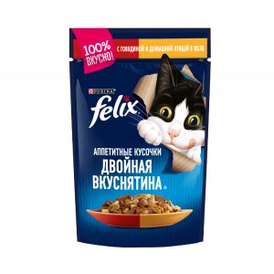 Влажный корм для кошек FELIX Двойная вкуснятина с говядиной и домашней птицей в желе, пауч, 75г/85г