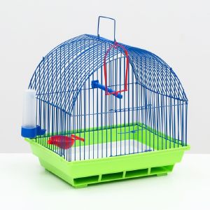 Клетка для птиц малая, полукруглая крыша (поилка, кормушка, жердочка, качель) 35х28х37 см микс