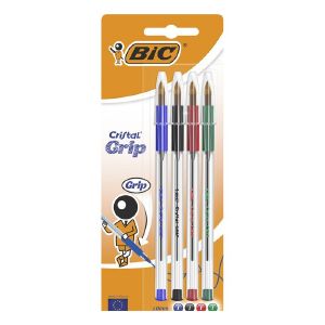 Набор ручек шариковых BIC Cristal Grip, 4 штуки, узел 1.0 мм, среднее письмо, чернила синие, чёрные, красные, зелёные, резиновый упор, прозрачный корпус