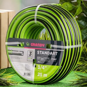 Шланг поливочный, 3/4 , внутр d19 мм, 18 атм, армир, 25 м, 3 сл, Grandy, Standart, ПВХ, AGL233425